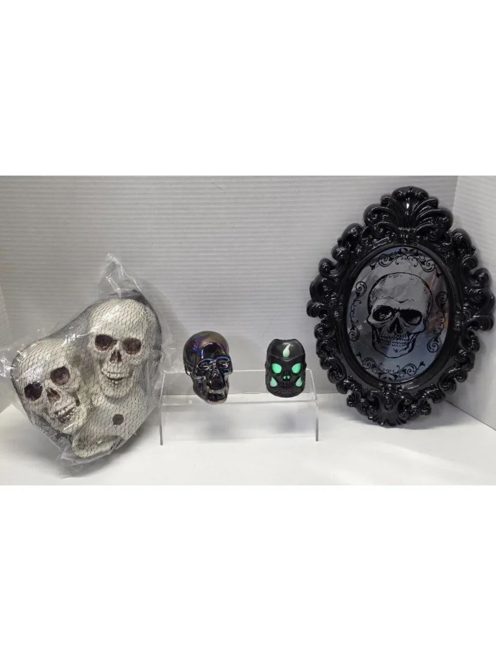 Halloween Skull Décor Lot Light Up Candle Iridescent Ceramic Gothic Mirror